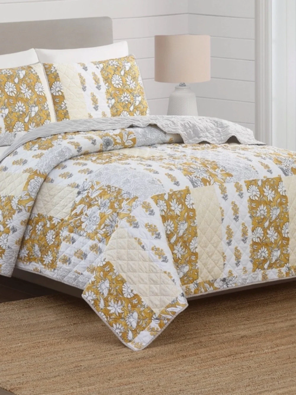 Golden Saffron Patchwork Queen Quilt Set Cottage Floral Shabby Chic